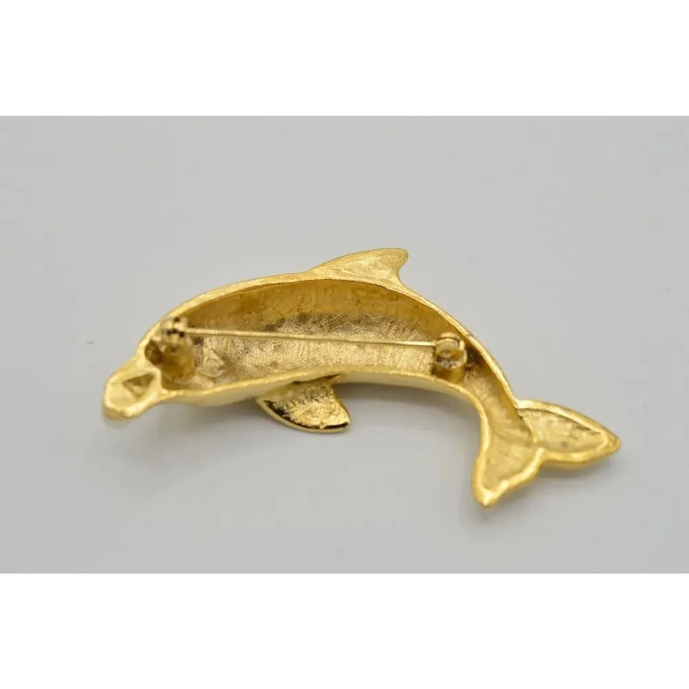 Vintage Figural Dolphin Pin Brooch Pearl Gold Tone 2.5